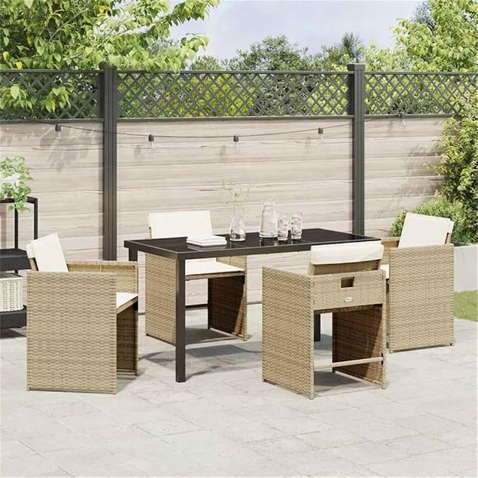 Afuera Living 5-Piece Poly Rattan Patio Dining Set with Cushions, Beige Finish, Powder-Coated Steel Frame, UV Resistant, Tempered Glass Tabletop, Weatherproof Seating, Outdoor Garden Furniture