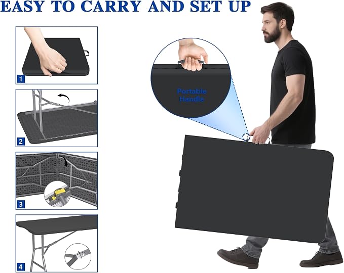 2 Pack 8FT Black Folding Table for Outdoor, 8 Foot Picnic Tables No Assembly Required Portable, Black Foldable Table for Camping, Parties, Meeting, Events, Wedding, with Carrying Handle