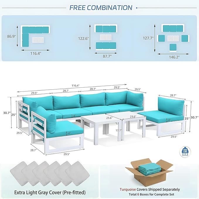NICESOUL 8 Piece Oversized Modular Aluminum Outdoor Furniture Set with Coffee Table, 29" Deep and Wide Sectional Seating, 500 lbs High Weight Capacity Patio Conversation Set for Garden Deck, Turquoise