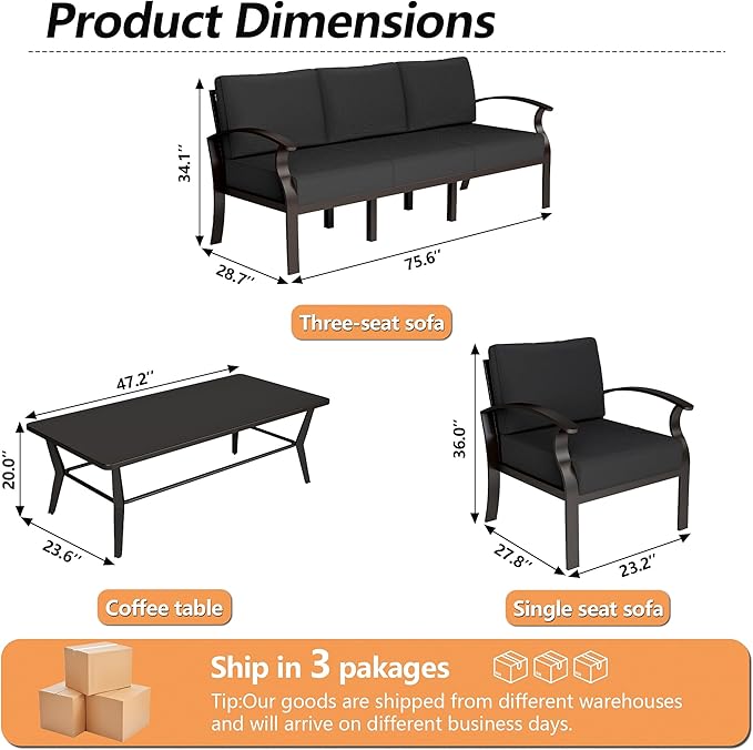 Aluminum Outdoor Patio Conversation Furniture Set,5 Seats Metal Modern Outdoor Furniture with Coffee Table & Washable 5.1" Thick Cushions,Patio Sectional for Backyard,Patio,Black