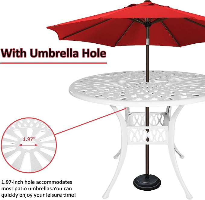 5 Pieces Cast Aluminium Outdoor Patio Dining Set for 4-6 Person,Round 42" Patio Table and 4 Chair with Umbrella Hole,Patio Bistro Dining Set for Garden,White