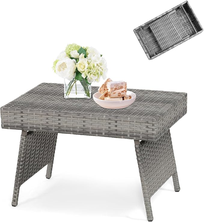 DREAMADE Rattan Side Table, Folding Small Patio Wicker Desk Outdoor Deck Furniture w/PE Rattan, Robust Metal Structure, Outdoor Coffee Table for Patio, Deck, Yard, Poolside, Garden, Balcony (Gray)