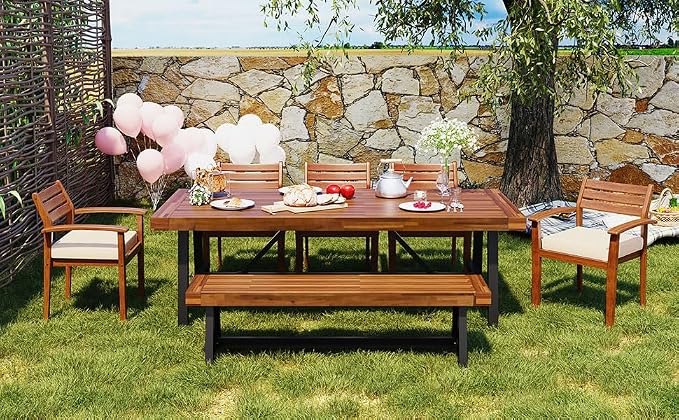 GO Outdoor 7-Piece Acacia Dining Set with Cushions, Ergonomic Chairs, Thick Table, Adjustable Feet for Patio Deck