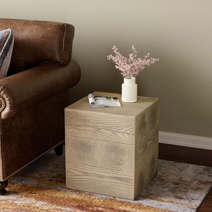 SUNBURY Outdoor Side Table Square, Faux Wooden Concrete Side Table End Table, Stump Stool for Patio Stand, Deck or Garden, Light Walnut