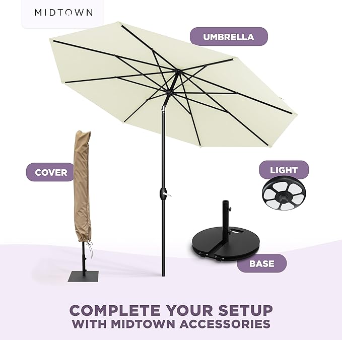 Midtown Umbrellas - The Lean 9 Ft Patio Umbrella with Fade-Resistant Sunbrella Fabric, Auto-Tilt Aluminum Frame and 8 Reinforced Ribs for Deck, Pool & Garden - Canvas Natural Canopy, Black Pole