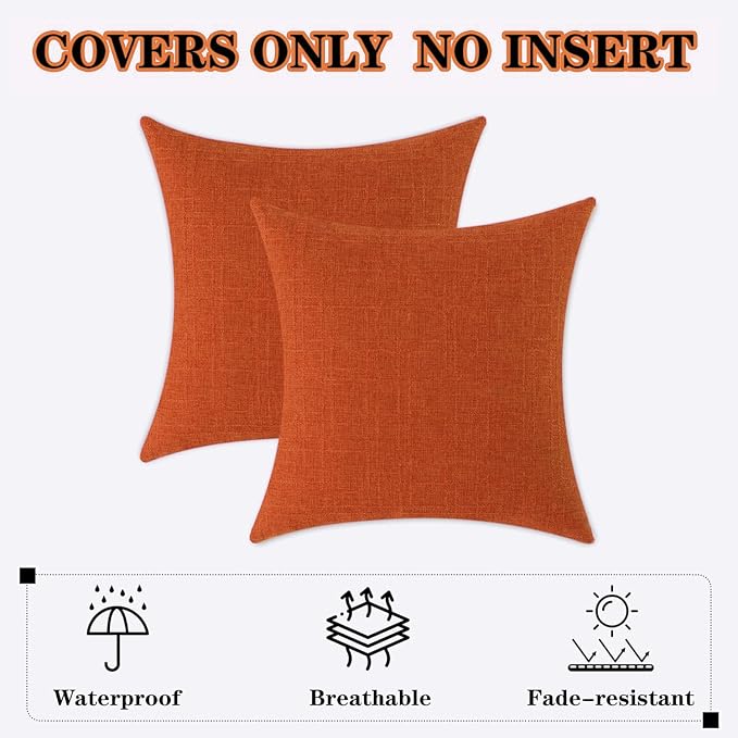 Kevin Textile Outdoor Waterproof 16”x16” Pillow Covers 2 Pack, Dark Orange | Water Resistant, Soft Faux Linen-cotton Yarn-dyed Woven Texture Throw Pillow Covers for Tent Patio Garden Couch Sofa