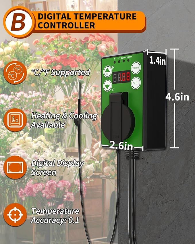 Buyplus Greenhouse Heater with Digital Thermostat, 1500W Outdoor Heaters for Patio, Overheat Protection & 3S Fast Heating, Electric Space Heater for Patio, Garage, Greenhouse, Flower House, Silver