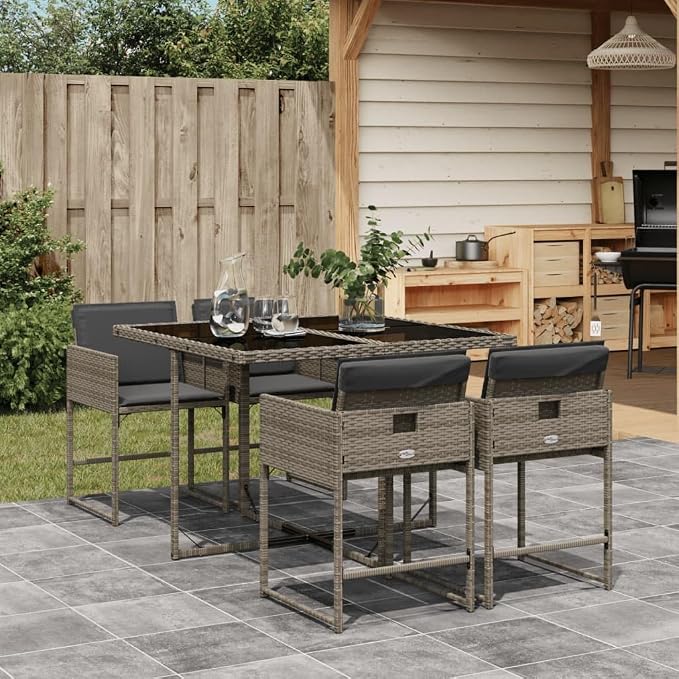 5 Piece Patio Dining Set with Cushions Gray Poly Rattan Outdoor Porch Furniture Table and 4 Chairs with Tempered Glass Space Saving Foldable Design, UV Protected, Weatherproof Garden Backyard Deck