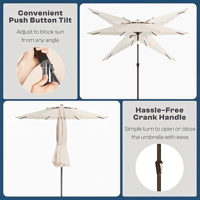 Outdoor Patio Umbrella, 2 Tiers Market Table Umbrella with 8 Sturdy Ribs, Push Button Tilt and Crank, UPF50+ UV Protection for Deck, Pool, Garden and Backyard