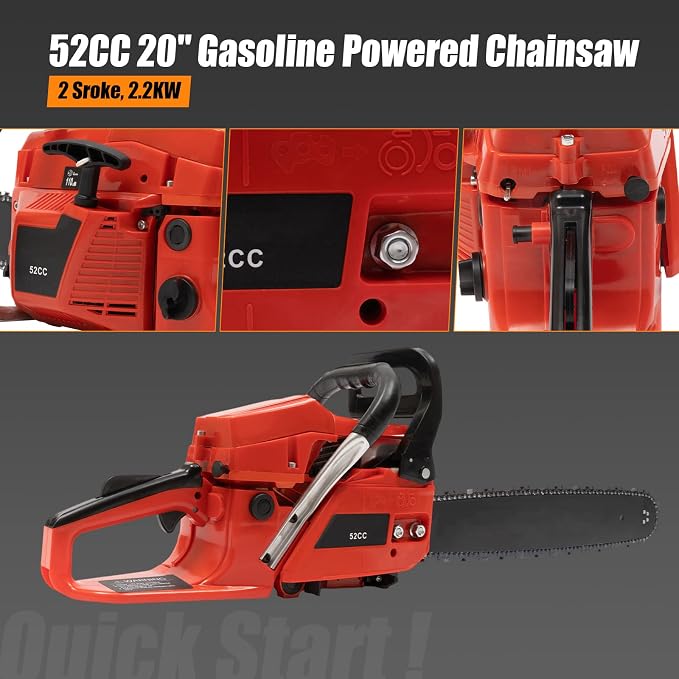 Gasoline Chainsaw, 2 Stroke 2.2kw Gas Powered Chain Saw Engine, 52cc 3HP 20 Inch Air-cooled Cutting Saw for Forest Harvesting/Cutting Wood/Pruning Branches/Gardening/Home Woodworking