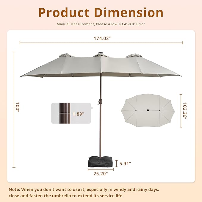 15ft Patio Umbrella with Base Included, Rectangle Double Patio Umbrellas with Crank Handle 12 Ribs, Heavy Duty Large Table Umbrella for Pool Deck Garden Party Commercial