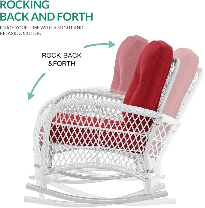 VIVIJASON 4-Piece Outdoor Patio White Wicker Conversation Sets, All Weather Outdoor Rattan Furniture Set Includes Glider Loveseat, Coffee Table, 2 Rocking Chairs with Cushions for Backyard, Red