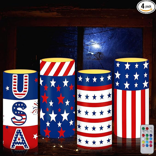 Tiamon American Flag LED Candles 4th of July Flameless Independence Day Battery Operated USA Stars Patriotic Candles with 18-Key Remote Timer Set for Holiday Festival Table Decorations