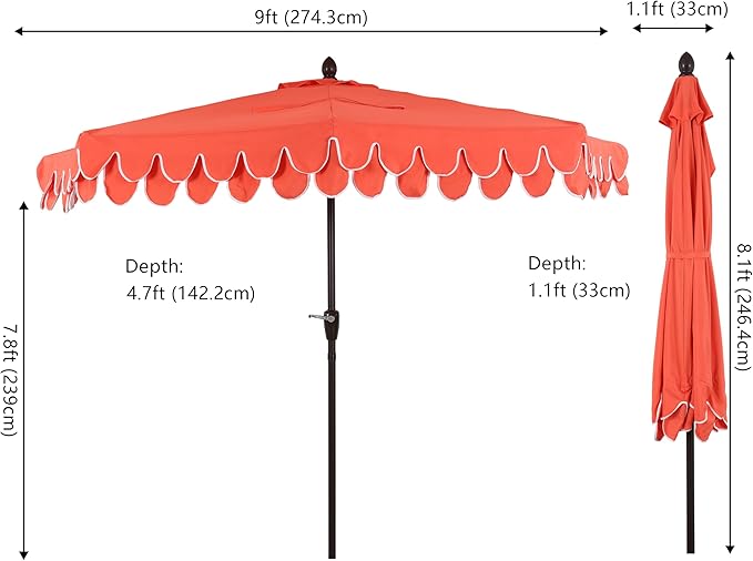 Eyely BMU1202 Noah 9 ft. Classic MidCentury Scalloped Fringe Market Patio Half Umbrella with Crank for Garden, Pool & Deck, Tilt Button and UV Protection