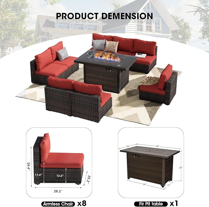 Patio Furniture Set Fire Pit Table 9 Piece All Weather PE Rattan Outdoor Sectional Sofa Couch with 8 x armless Sofa, No-Slip Cushions for Garden, Poolside, Backyard (Red)