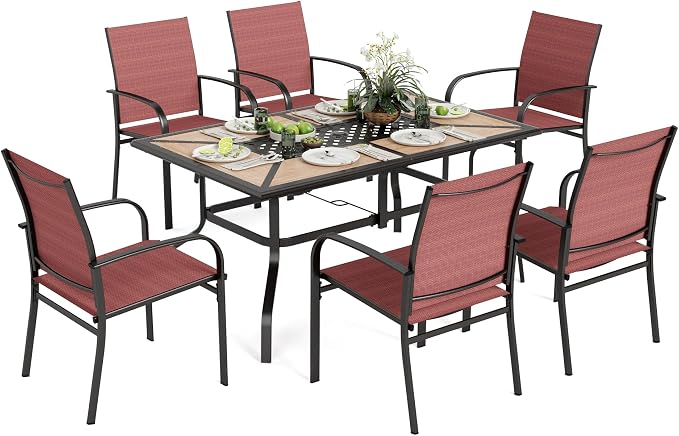 MIXPATIO Outdoor Patio Dining Set 7 Piece Furniture Set with 6 Red Chairs and Wood-Like Table Top Rectangular Table for Deck Garden Backyard Lawn Poolside