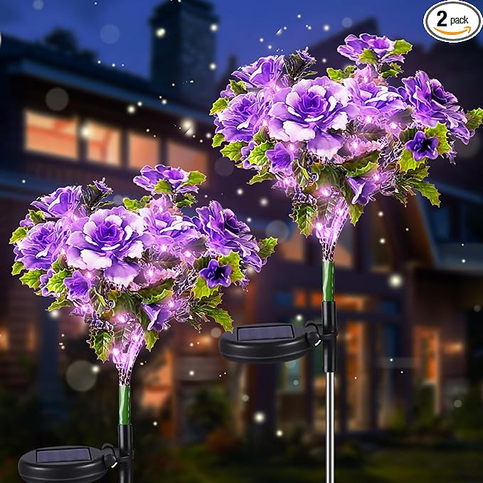 Neporal Solar Light Outdoor - 2 Pack Solar Garden Lights with Purple Carnation Solar Flowers, Solar Lights Outdoor Waterproof IP65, Solar Outdoor Lights Decorative for Outdoor Garden Decoration.