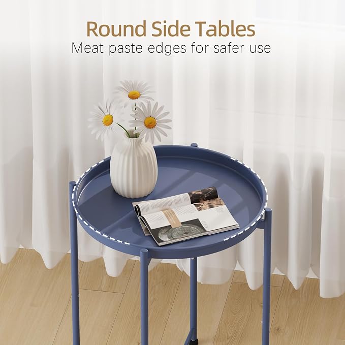 Garden 4 you Small Side Table, Blue Mini Round End Table, Tray Table with Metal Frame, Modern Nightstand for Living Room, Bedroom, Patio, Small Space, 1pcs