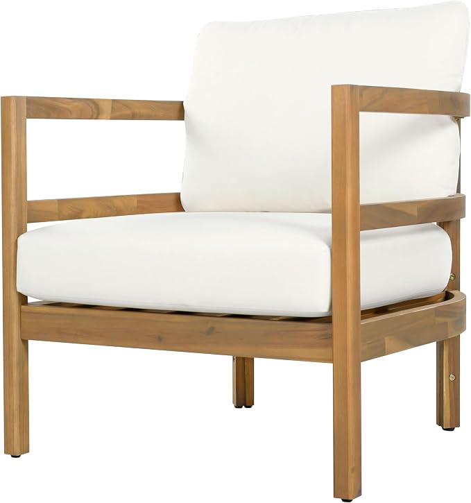 Merax Outdoor Acacia Wood Lounge Chair with Cushions, Solid Wood Patio Armchair, Modern Outdoor Accent Seating for Patio, Garden, Balcony, Deck, Porch, Beige + Light Brown