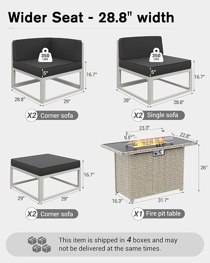 UDPATIO Aluminum Patio Furniture Set with Fire Pit Table, Modular Oversized Outdoor Sectional of Olefin 5 inch Cushion, Coffee Table and Waterproof Cover, Patio Conversation Sets for Porch, Deck