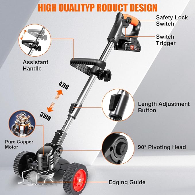 Electric Weed Wacker Cordless with Wheels,21V Battery Powered Weed Wacker 3-in-1 Grass Trimmer/Brush Cutter/Edger, 2pcs Batteries&4 Types Blades, Lightweight, Low Noise for Thick Weeds&Yard Garden