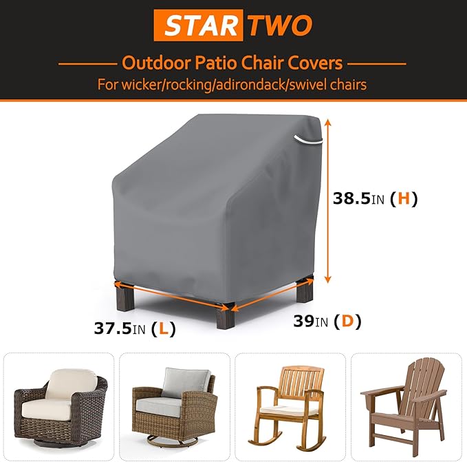 STARTWO Patio Outdoor Chair Covers 2 Pack, Outdoor Furniture Covers Waterproof adapter for Lawn Lounge Seat, Wicker, Swivel, Adirondack, Rocking Chairs, 37.5W x 39D x 38.5H inch, Grey