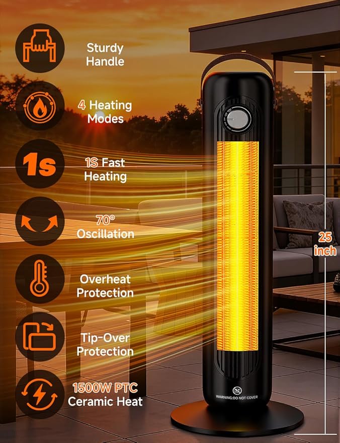 1500W PTC Ceramic Electric Heater w/4 Modes,350Sq.ft 1S Heating, 70°Oscillating Patio Heaters for Outdoor Use, Overheating & Tip-Over Protection, Tall Space Heaters for Indoor Use Large Room