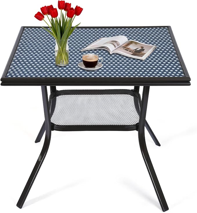 35.2" Outdoor Dining Table for 4 Person, Square Patio Dining Bistro Table with Sturdy Metal Frame & Adjustable Foot Pads for Garden, Backyard and Porch, Partitioned Storage Rack, Blue