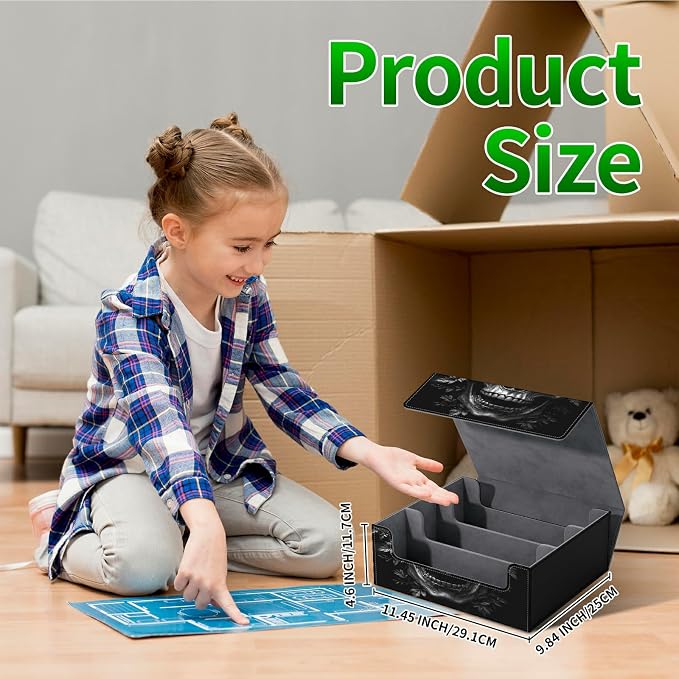 Large Card Deck Box for MTG, Fits 1200+ Sleeved Cards, PU Leather Storage Case with Strong Magnetic Closure, Multiple Colors Available for TCG CCG Baseball Card Collections, Dark Skull
