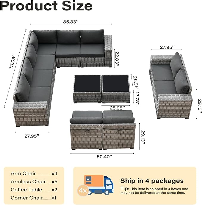 12 Pieces Patio Furniture Set, Wicker Outdoor Sectional Sofa with Coffee Table Comfy Cushions, Modern Modular Deep Seat Rattan Couch Conversation Set for Backyard Porch Yard,Black