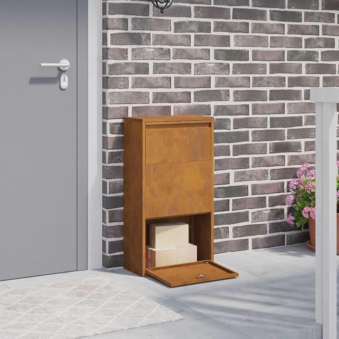 Weathering Steel Parcel Drop Box, Secure Large Capacity Package Delivery Locker with Lock for Porch Garden Outdoor Mail Receiving, 17.32 x 8.66 x 32.28 in