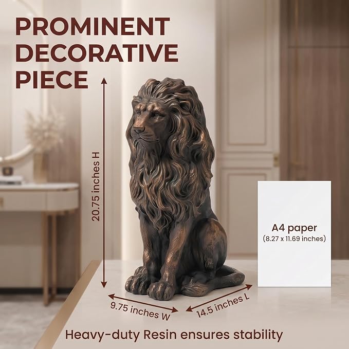 20.5" Brown Lion Statue, Resin Outdoor Guardian Sculpture | Weather-Resistant Finish, Simulated Animal Decor, For Villa Garden Park Resort, Home Courtyard