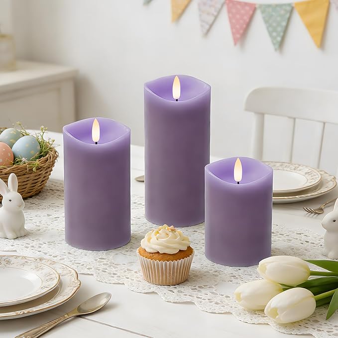 Purple Flameless Candles with Remote and Timer, Real Wax Made LED Pillar Candles Battery Operated with 3D Flickering Flame Melted Edge, 3" x 4",5",6", Set of 3 (Pastel Purple)