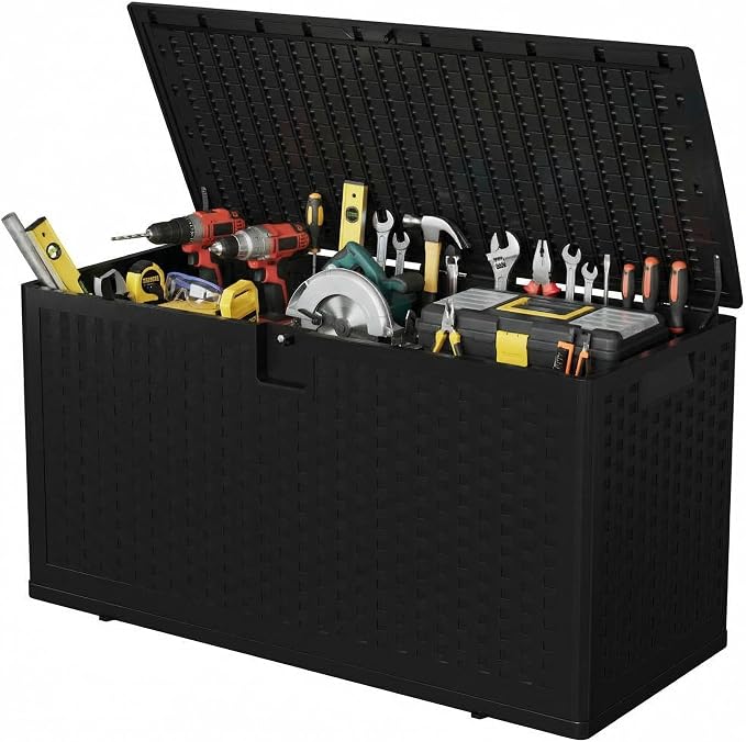 Jojoka Brown Resin Deck Box, Waterproof & Lockable Outdoor Storage Box, Patio Square Container for Package Delivery, Furniture Cushions, Garden Tools and Pool Accessories