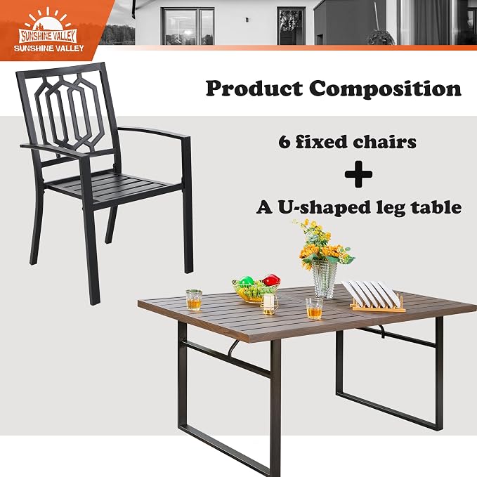 SUNSHINE VALLEY Patio Dining Set,Wood-Like Metal Table w/Umbrella Hole | 64x38 Table&6 Pcs Rust-Proof Stackable Chairs, Outdoor Table and Chairs Set for Backyard Garden Deck
