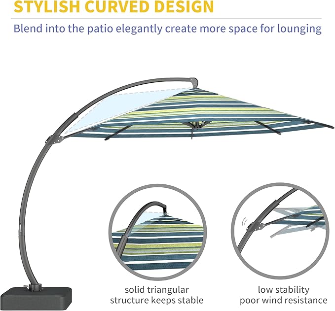 Kingdura 11ft Offset Cantilever Patio Umbrella with Base Included, Large Round Aluminum Outdoor Umbrella with 100% Acrylic Fabric, 360° Rotation & Infinite Tilt for Deck Pool Backyard, Green Stripes