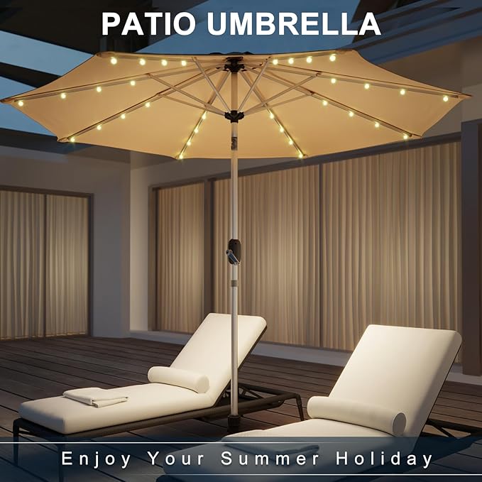 9FT Aluminum Patio Umbrella with 40-LED Solar Lighted, Fade-Resistant Outdoor Market Table Umbrella with Push Button Tilt Function, 8 Sturdy All-Aluminum Ribs for Gardens, Decks, Backyards & Pools