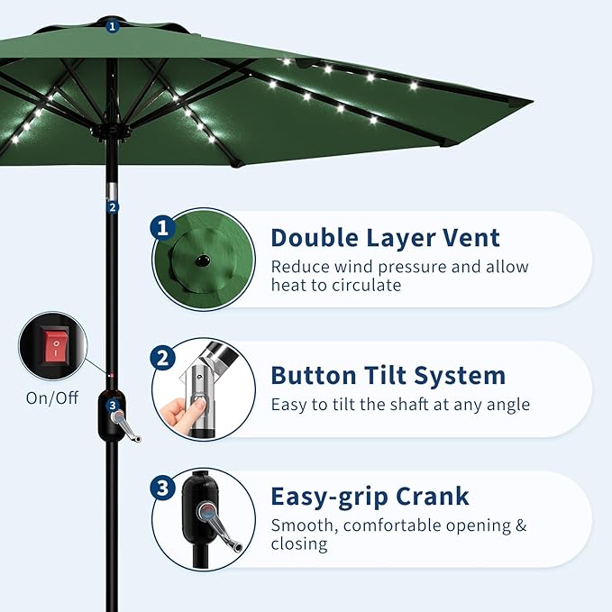 Garvee 9/10 FT Solar Patio Umbrella with 32 LED Lights - Outdoor Table Umbrella with Crank Lift, Push Button Tilt and 8 Sturdy Ribs - Market Umbrella UV Protection for Pool, Deck, Yard, Garden
