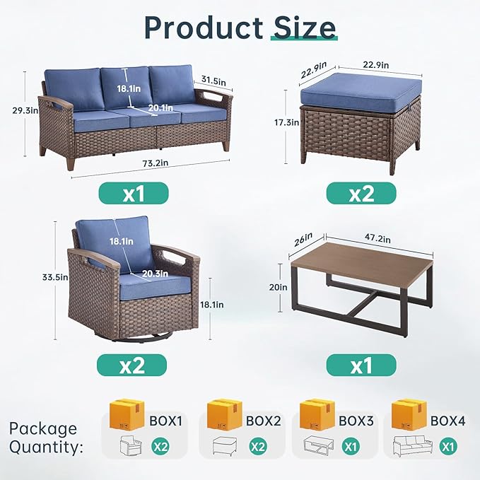 Luxury 8 Piece Heavy Duty Patio Furniture Set with Swivel Chairs - All Weather Wicker Comfort Thick Cushion Outdoor Conversation Set for Porch Poolside Deck - Blue