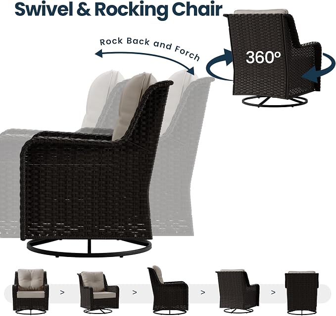 Kullavik 7 Pieces Patio Furniture Set,All-Weather Wicker High Back Outdoor Swivel Rocker Patio Chairs with Fire Pit Table & Thick Cushions,Paito Conversation Set for Porch,Deck,Sand