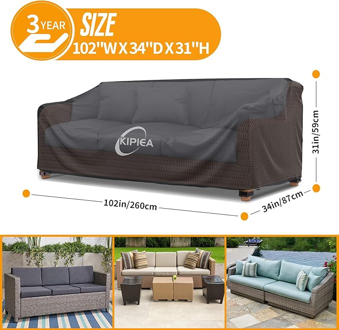 Kipiea Patio Sofa Cover, Heavy Duty Outdoor Couch Covers Waterproof Winter, 3-Seat Patio Furniture Cover Loveseat, Outdoor Sofa Covers with Anti UV and No Tears, No Fading (102"W x 34"D x 31"H)