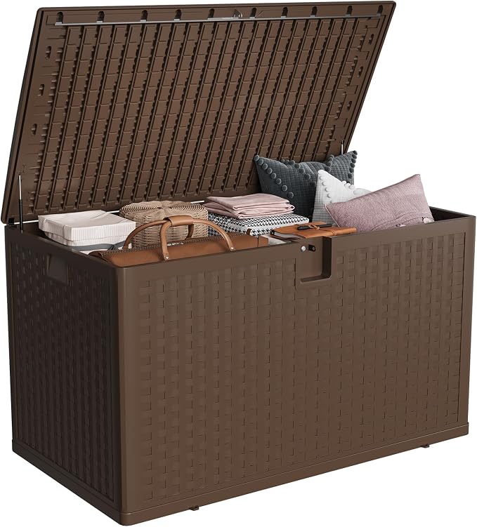 120 Gallon Large Outdoor Deck Storage Box, Waterproof UV Resistant Resin Patio Storage Bin, Lockable Heavy Duty Deck Chest Bench for Patio Cushions Garden Tools Pool Supplies, Brown
