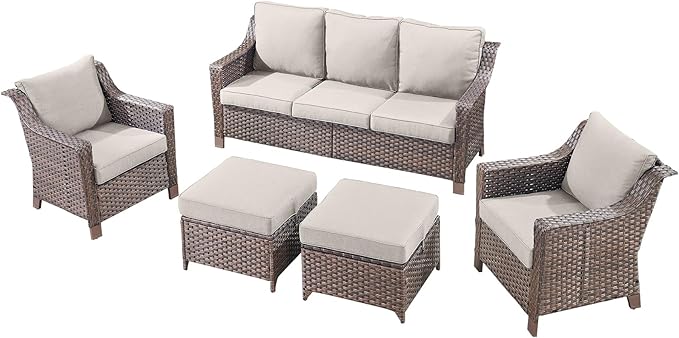 5 Pieces Wicker Patio Furniture Set-Outdoor High Back Sofa with Rattan Wicker Chairs Outdoor Furniture for Porch Garden Backyard Poolside-Brown/Beige