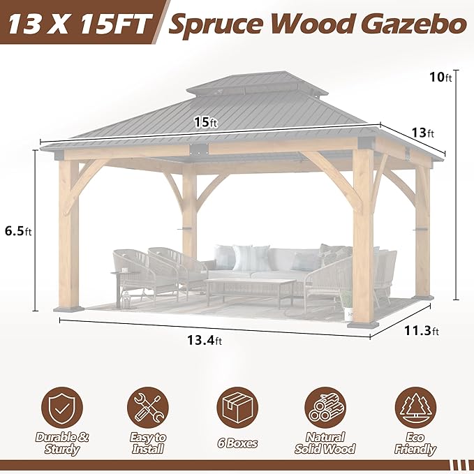 13' x 15' Upgraded Wood Gazebo, Spruce Wooden Gazebo with Double Galvanized Steel Roof, Outdoor Wooden Hardtop Gazebos for Deck,Patio