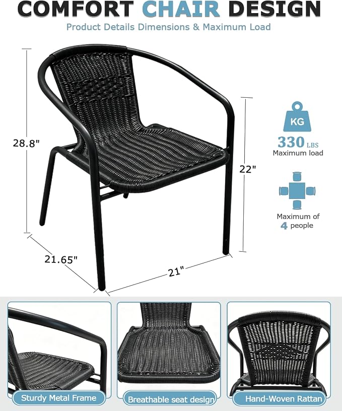 5 Piece Patio Dining Set, Stackable Black Outdoor Rattan Chairs with Metal Table, All-Weather Black & Brown Wicker Patio Furniture Set for Backyard, Poolside, Garden, Bistro