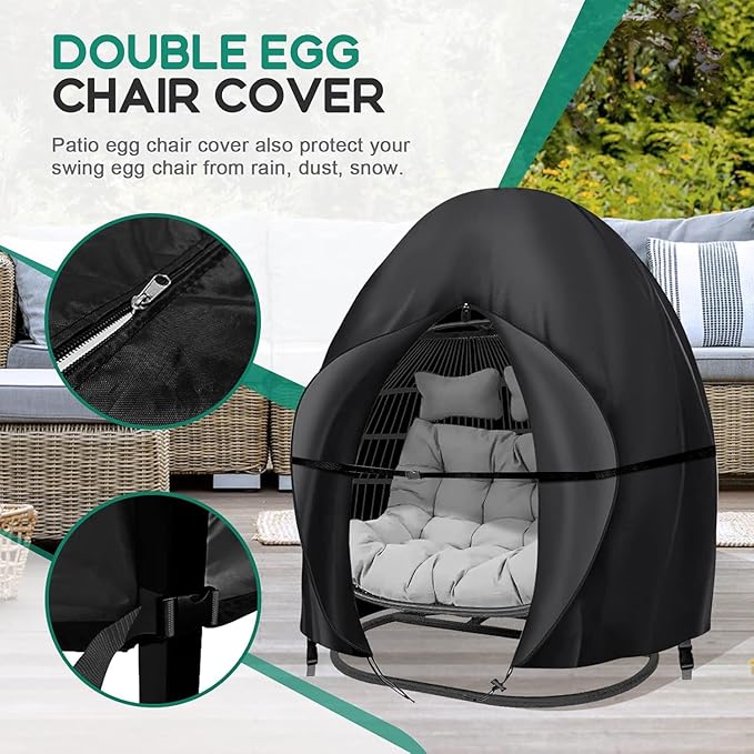 Patio Egg Chair Covers with Zipper, 91x80 Inches, Extra Large Double Cover for Egg Chairr Outdoor Furniture, Heavy Duty Swing Hanging Eggs Chair Cover Waterproof, Anti-UV, Dust-proof Black
