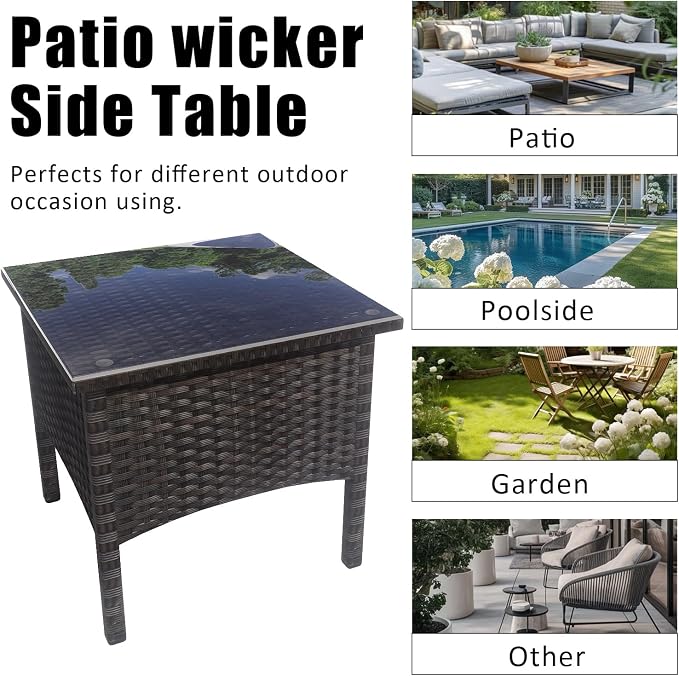 Wicker Rattan Side Table,Outdoor Patio Wicker Table,Modern Patio End Side Table with Glass Countertop and Storage Space,for Garden Balcony Porch