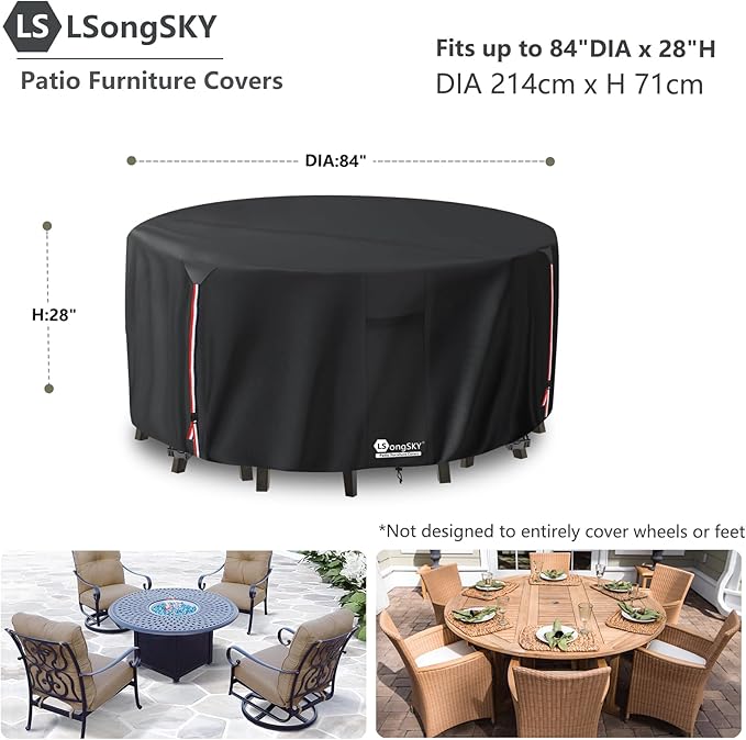 Round Patio Furniture Covers,600D Heavy Duty Waterproof Outdoor Furniture Cover for Round Dining Table with Rocking Swivel Chairs Set,84" Dia x 28" H Black