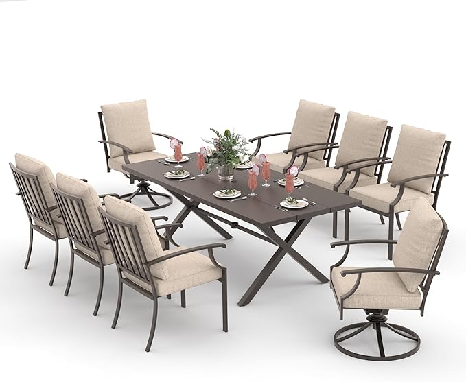 ALAULM 9-Piece Patio Dining Table and Chairs for 8 Outdoor Dining Set with 2 Swivel Chairs Patio Dining Sets with Rectangular Metal Table with Umbrella Hole for Patio, Backyard, Garden-Sand