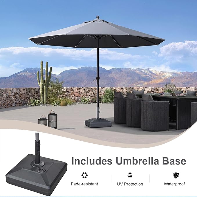 PURPLE LEAF 11' Round Patio Market Umbrella with Base Outdoor Table Umbrellas Aluminum Frame Sun Shade with 8 Sturdy Ribs for Garden Deck Lawn Pool Gray